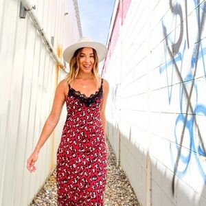 Zara Basic Leopard Cheetah Print Red and Black Nightgown Slip Dress Lace S